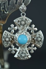 Vintage Religious Jerusalem Maltese cross pendant  Silver 950 Turquoise