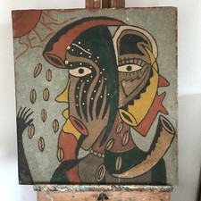 tableau N38 très belle tête contemporaine cubisme sable et pigment signé secka 