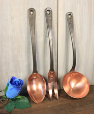 Ancien Ensemble Ustencils de Cuisine en Fer et Cuivre Louche Fourchette Cuillère