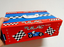 jeu valise VILAC CIRCUIT DE COURSE 3 VOITURE BOIS +RAILS vintage et complet