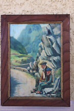 tableau ancien peinture huile sur panneau bois père et fils 33.5 / 23.5 cm