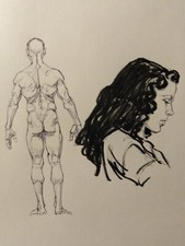étude d'anatomie et profil de femme, dessin signé original