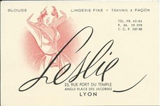 Carte de visite LESLIE, Blouse-Lingerie Fine, rue port du Temple, LYON (69)