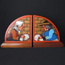 PAIRE de SERRE LIVRES signés PAUL FOUILLEN Quimper Bois pyrogravé peint Bretons