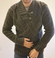 Pull homme laine Celio col châle torsadé gris anthracite chaud hiver Taille L