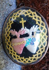RELIQUAIRE XIXème COEURS sacrés de Jésus & MARIE CANNETILLE or & CADRE laiton