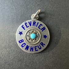 Antique French enamel “February Happiness” turquoise silver charm medal pendant