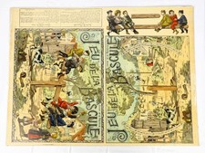 SAUSSINE Jeu de la Bascule BELLE PLANCHE EN CHROMOLITHOGRAPHIE 65x48cm ca1910