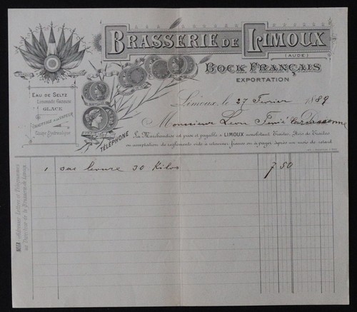 Facture 1889 brasserie - facture,
