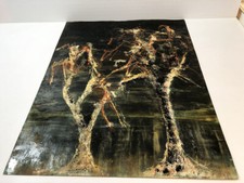 Peinture Huile Aquarelle Vintage An 70's 80's arbre abstrait tempête tonnerre  