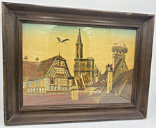 Large antique french colored pyrography early 1900's woodwork Strasbourg