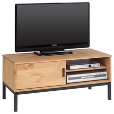 Meuble banc TV style industriel avec 1 porte coulissante en pin massif