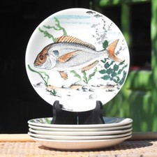 Ensemble de 6 assiettes en faïence de Gien modèle Chambord service pêche