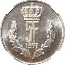 CD1080 Rare Luxembourg 5 Francs Grand Duc Jean Essai 1971 Mint Error NGC MS68