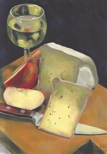 belle NATURE MORTE.  fromages et vin blanc- 22 x 32 cm   oeuvre acrylique