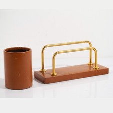 Lancel Set Parure bureau vers 1970 Cuir Laiton Porte lettres et crayon