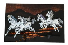 Tableau Bois Laqué Chevaux Galop • Incrustations Nacre • 30×20 cm • Marqueterie