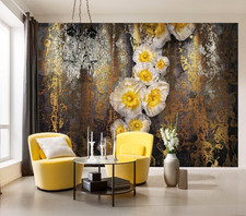 Femme Chambre Photo Papier Peint 368x254 CM Floral Doré Jaune et Blanc Mural