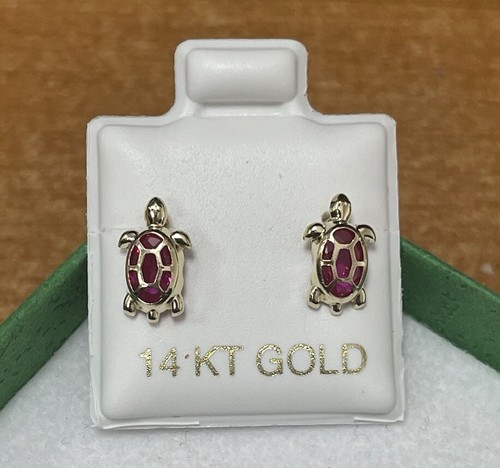 Turtle red stud earrings 14k - red,
