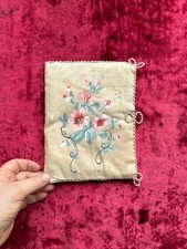 Ancienne Pochette Coussin Mouchoirs Peint Main Soie Fleurs