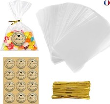 100pcs Petit Sac Sachet Bonbon Pochette Transparents avec 100 Merci Étiquettes 