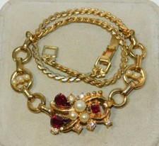 Vintage Noël Or T Rouge Blanc Strass Perle Synthétique 39.4cm Collier 12G 69