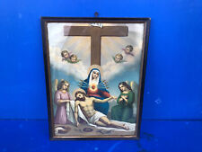 Ancien cadre photo en bois Napoléon 3 avec vitre et image religieuse Jésus Marie