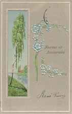 CP ILLUSTREE GAUFREE HEUREUX ANNIVERSAIRE CADRE ARBRE AU BORD RUISSEAU FLEURS