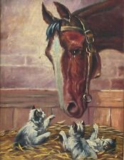 Vintage French Oil Painting, Horse and Cats, Kitten, Signed Chevalier