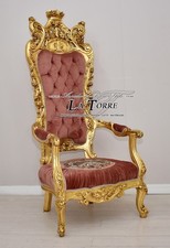 Chaise Fauteuil Trône Baroque Or Tissu Velours Rose Antique MA1317