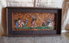 cadre ancien sous-verre  pyrogravure peinte sur panneau de bois