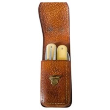 Couteau de Thiers et fourchette pliant de voyage étui en cuir début XXème