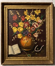 TABLEAU BOUQUET DE FLEURS HUILE SUR PANNEAU BOIS SIGNEE ENCADREE A NETTOYER