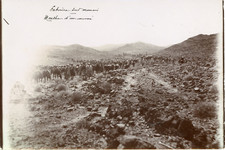 Algérie, extrême sud d'Oran, marche d'un convoi, désert rocailleux    