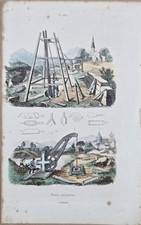 Gravure aquarellée XIXe - PUITS ARTESIENS.