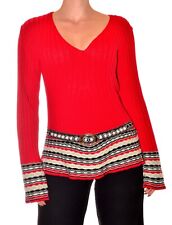 Pull rouge col V taille M manches longues bijoux perle intégré