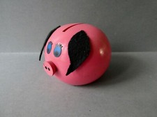 jouet ancien, tirelire, cochon en bois, FMF France, vintage 1970, Groupama