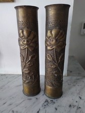 Artisanat de tranchée - 2 douilles d'obus transformées en vases 1917 -  WW1