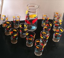 Service à orangeade vintage - Pichet + 13 verres - Décor abstrait  