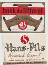 2 Anciennes étiquettes Bière Bock du Littoral DEBOES & Hans-Pils Spécial Export
