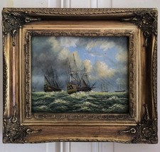 Marine Anglaise ? huile sur panneau de bois non signée "Bateaux en mer " encadré