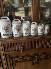 série de 6 pots à épices en faïence époque 1950 Farine Sucre Café Thé Poivre Épi