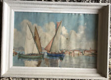 GEORGES GRELLET GOLFE DE FREJUS GRANDE AQUARELLE VOILIERS TRADITIONNELS AU PORT 