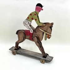 Ancien Grand Jouet Bois Jockey Cheval d'Obstacle - Déco Equestre 1950's