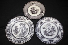C. 1850 - 3 Antique Black Transferware Staffordshire Plates W. Adams, T. Walker