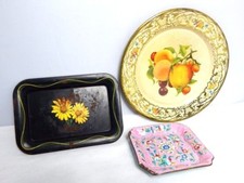 3 Antique Vintage Metal Plates Serving Pink Enamel China Tray Dish Mid Century
