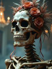 Photo 15x20 crâne doré et roses – art gothique baroque – papier photo 210 g