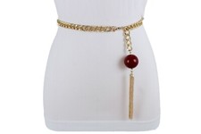 Femme Métal Or Chaîne Ceinture Mode Long Gland Franges Rouge Balle Charme M L XL