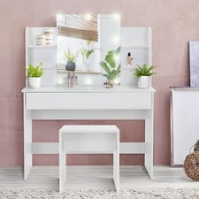 Table maquillage avec miroir et guirlande LED coiffeuse en MDF + tabouret blanc