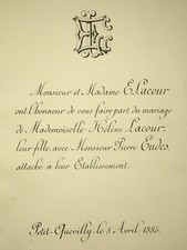 HELENE LACOUR Pierre Eudes FAIRE PART MARIAGE Petit Quevilly 1885